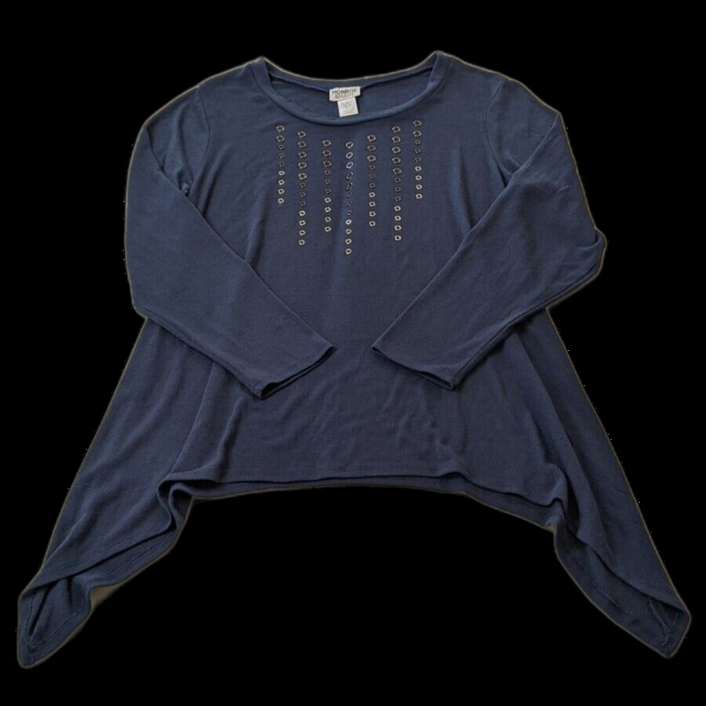 Monroe And Main Blue Grommet Girl Embellished Shark Bite Tunic Top Size 1X